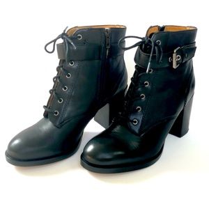 Bettye Muller | Ankle Boots | Ozone Black Leather lace up Boots Stacked Heel | 8